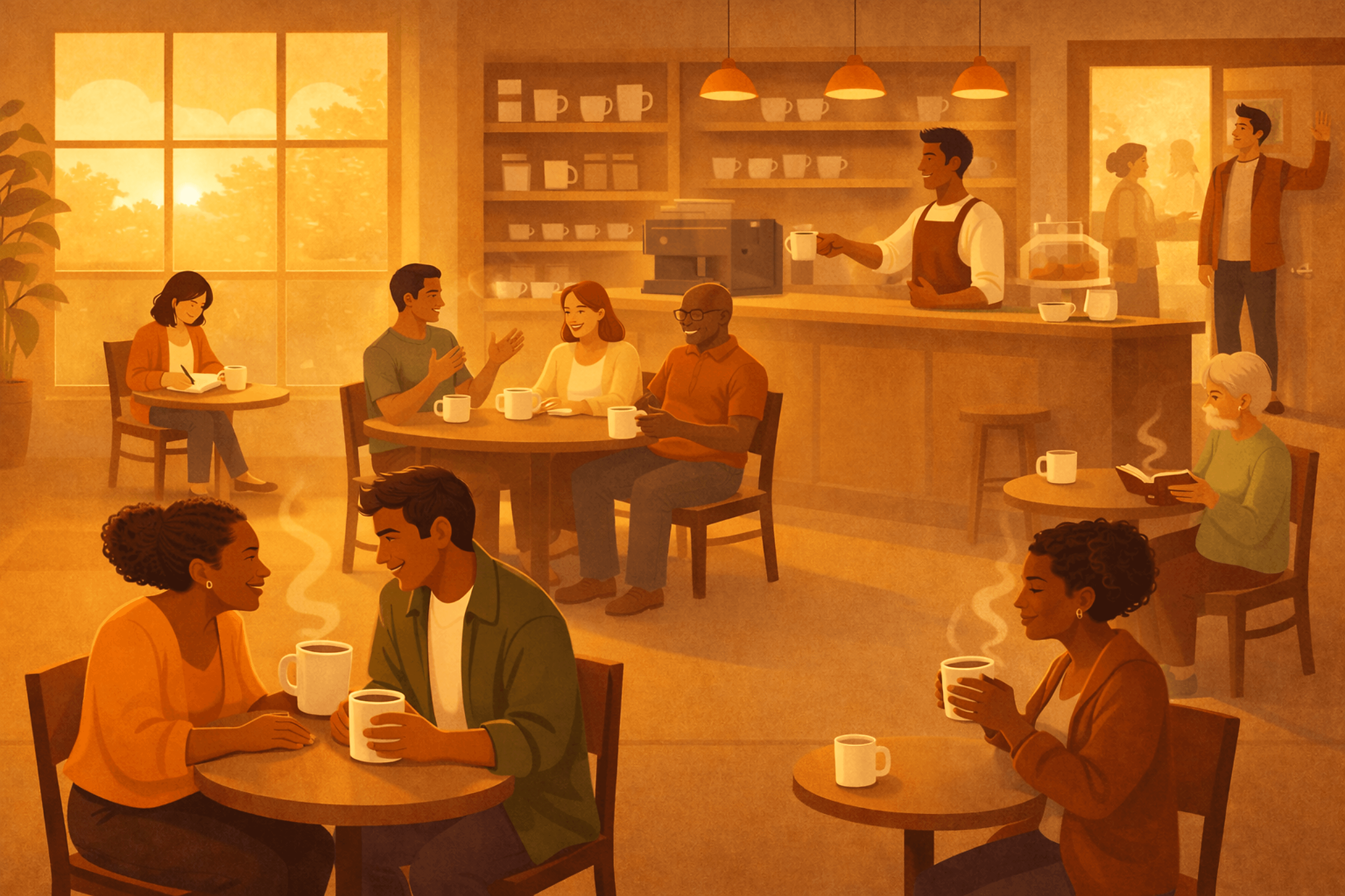 A warm coffee shop scene where people gather, talk, and reflect together