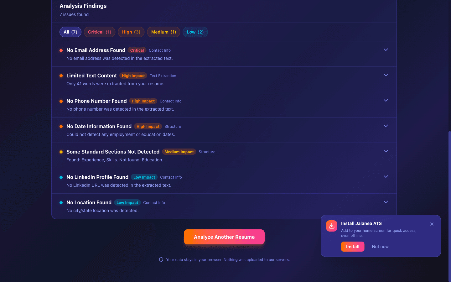 ATS analyzer results screen with extracted feedback and recommendations