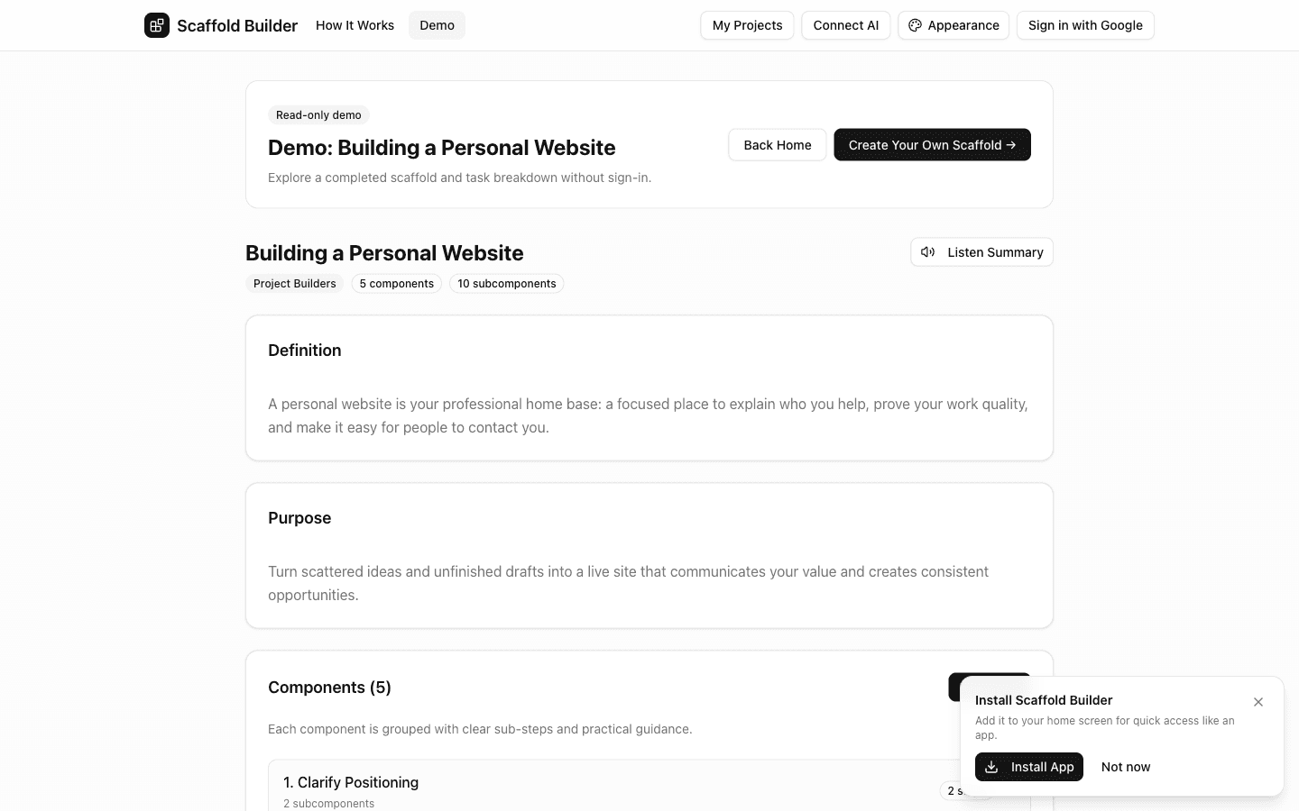 Scaffold Builder demo state showing a complete structured plan