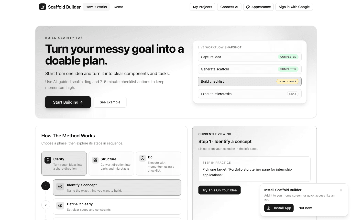 Scaffold Builder landing screen with clear hero messaging and CTA