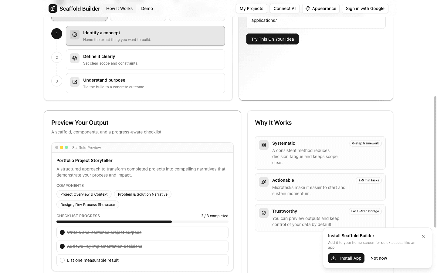 Scaffold Builder method section showing phase and step selection