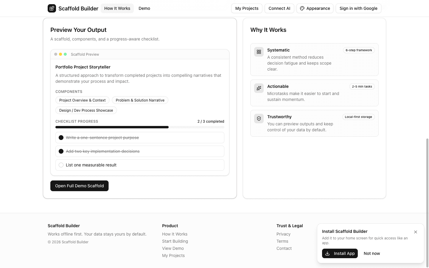Scaffold Builder output preview with generated checklist and component structure