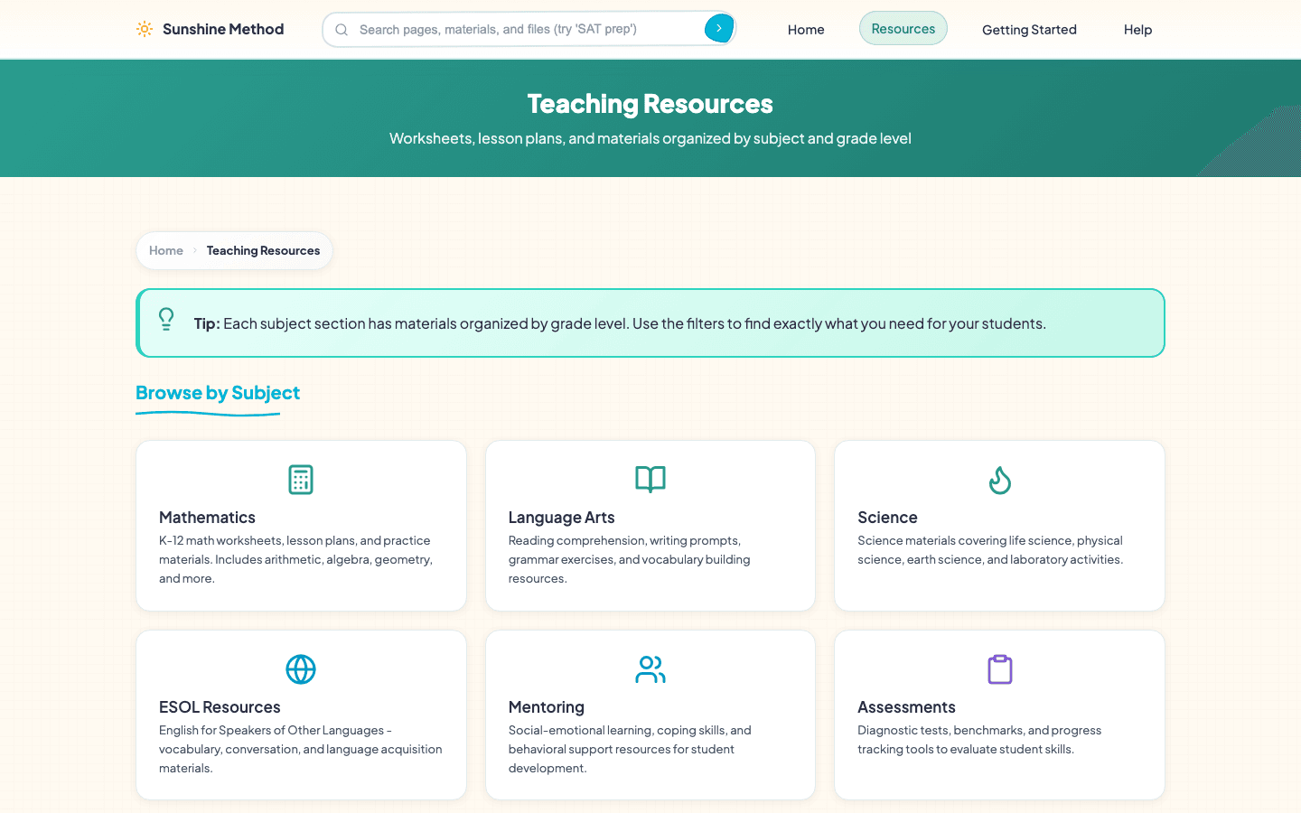 Sunshine Method organized materials library