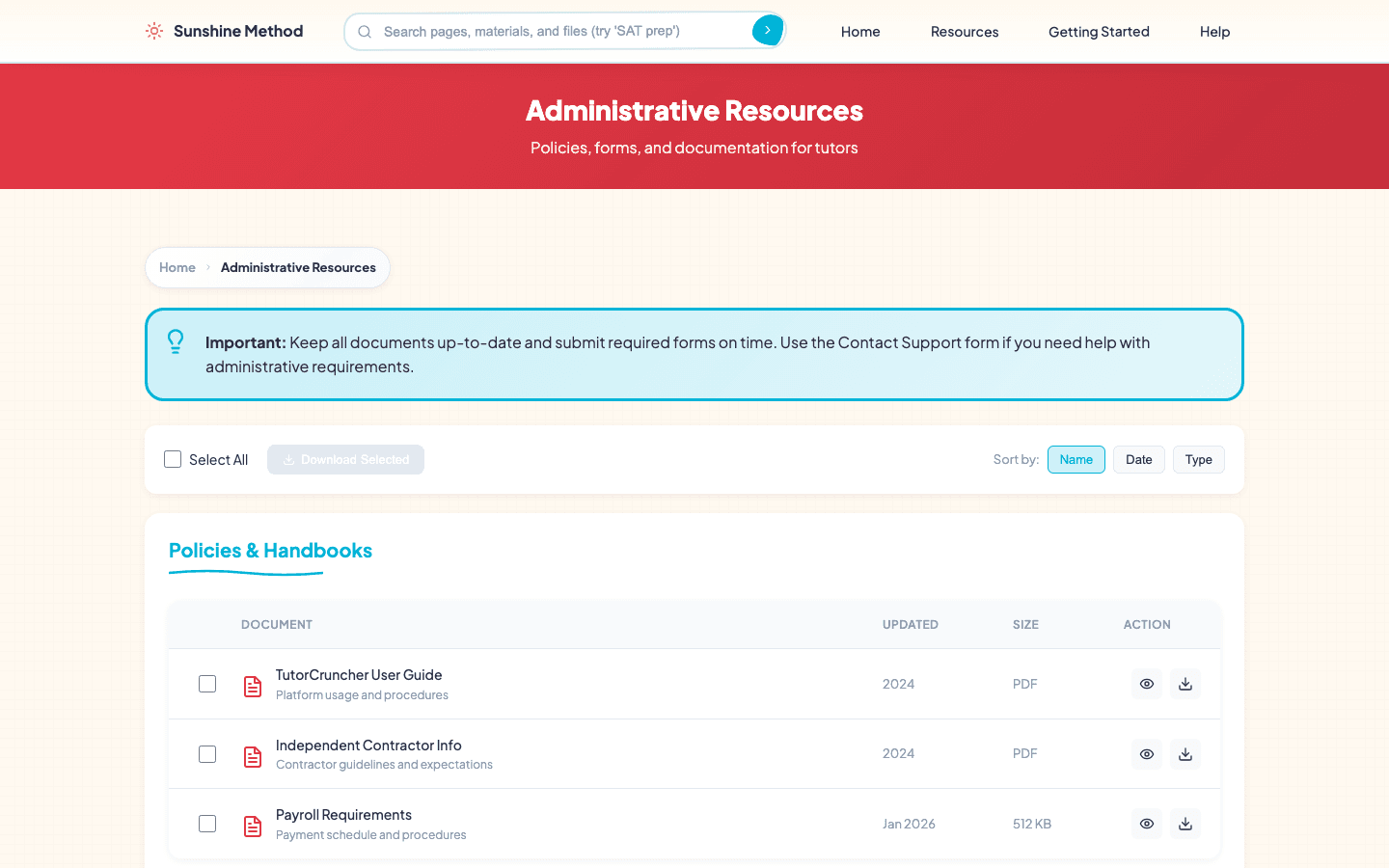 Sunshine Method tutor onboarding and guide views
