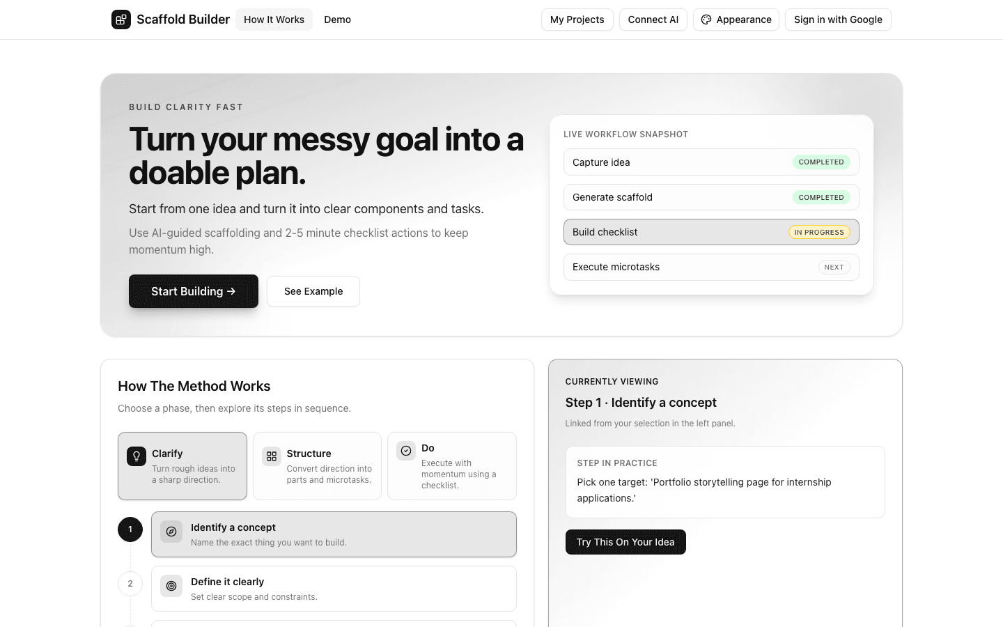 Scaffold Building Goal Planner interface showing weekly goal breakdown
